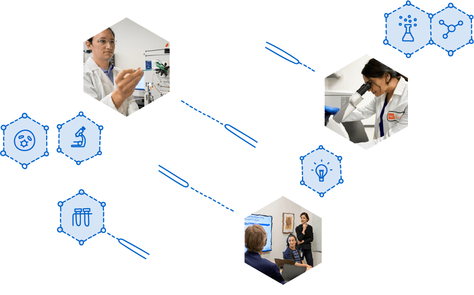A composite image of photos and graphics showing team members working at Sardona Therapeutics